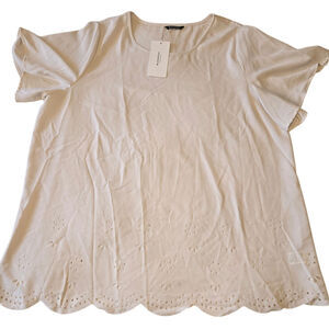 Sz 22/24 BLOOMCHIC Ecru Short Flutter-Sleeve Laser-Cut Eyelet Border Blouse